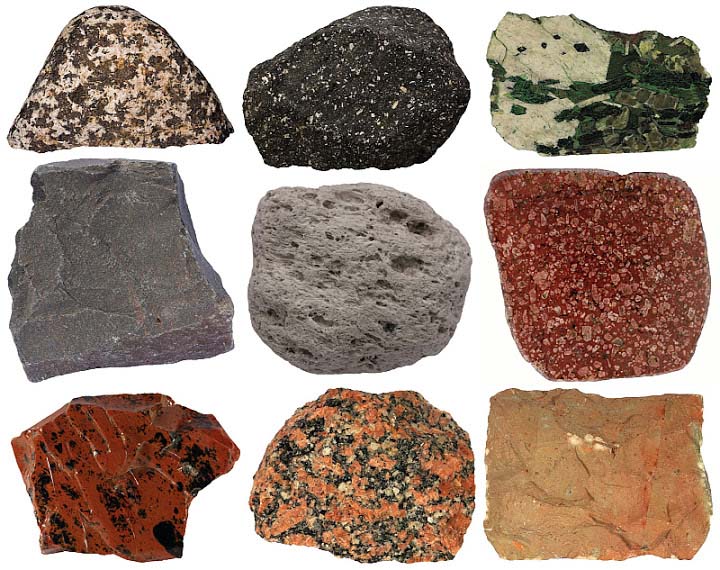 Igneous rocks gabbro andesite pegmatite basalt pumice porphyry obsidian granite tuff.jpg